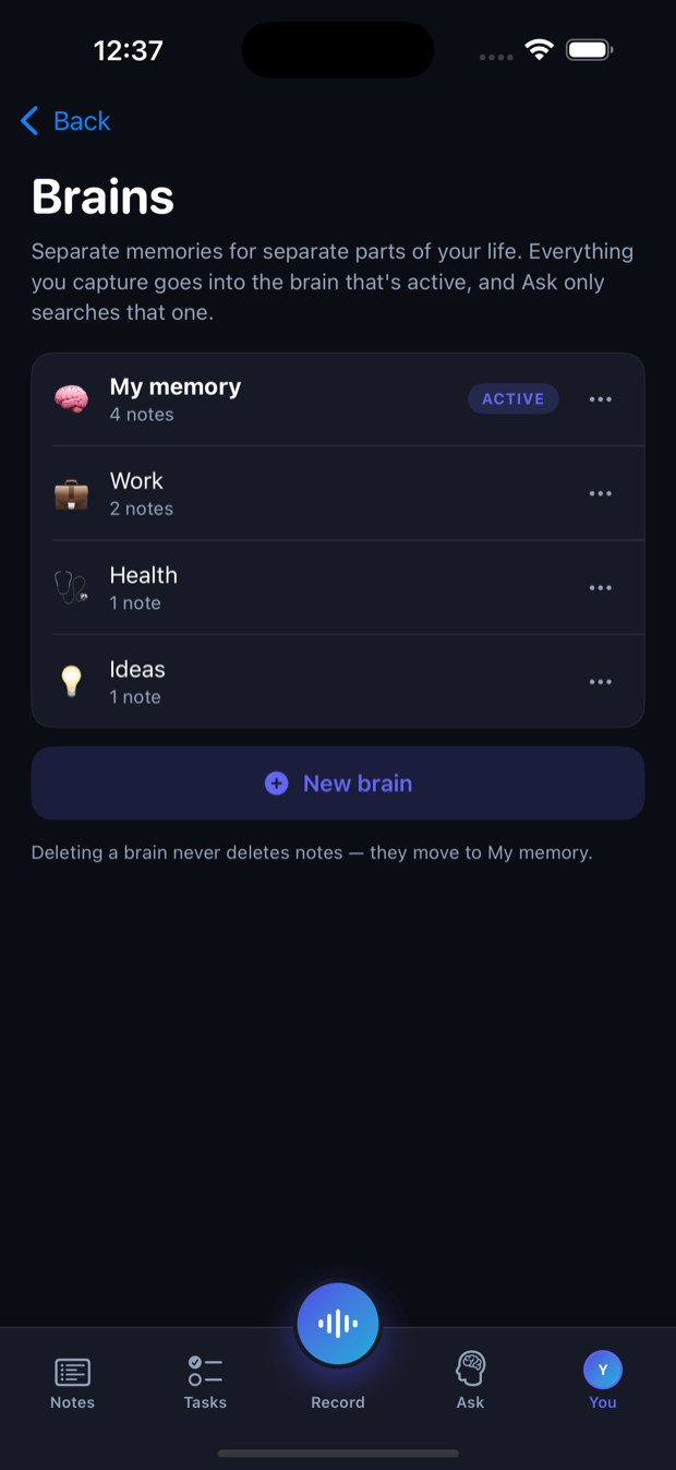 Saymory brains list showing separate memories for work, home, health and ideas, with one marked active