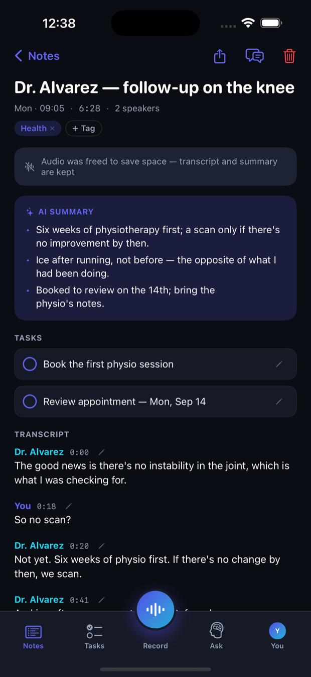A finished Saymory note: an AI summary of a doctor appointment, extracted tasks with due dates, and a transcript labelled by speaker