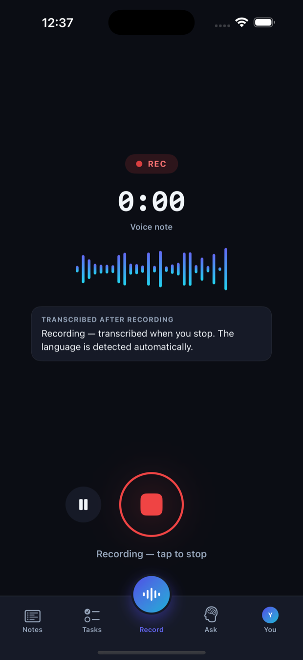 Starting a voice note in Saymory with a single tap — no folder to choose and no tags to add before recording