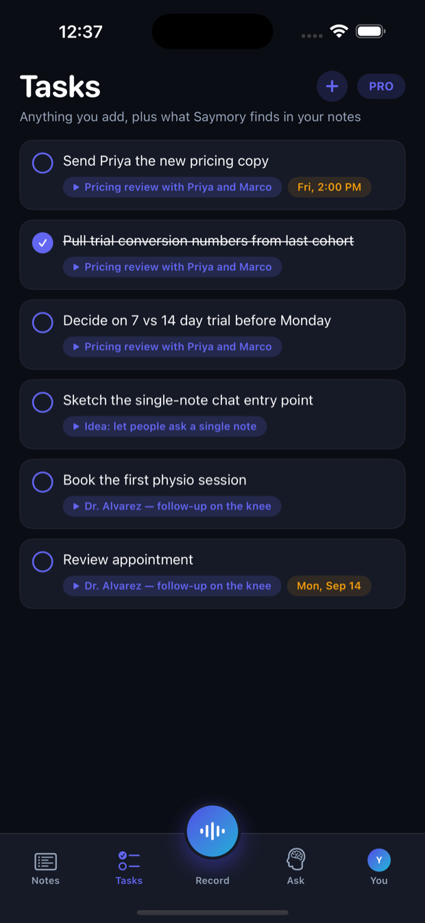 Saymory tasks list showing commitments extracted from recordings with their due dates